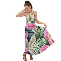 Delightful Watercolor Flowers And Foliage Backless Maxi Beach Dress by GardenOfOphir