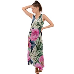 Delightful Watercolor Flowers And Foliage V-neck Chiffon Maxi Dress by GardenOfOphir