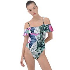 Delightful Watercolor Flowers And Foliage Frill Detail One Piece Swimsuit by GardenOfOphir