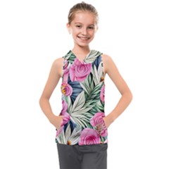 Delightful Watercolor Flowers And Foliage Kids  Sleeveless Hoodie by GardenOfOphir