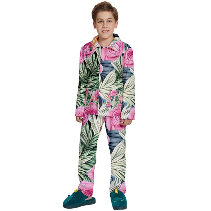 Delightful Watercolor Flowers And Foliage Kids  Long Sleeve Velvet Pajamas Set