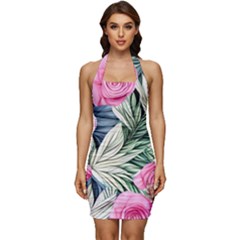 Delightful Watercolor Flowers And Foliage Sleeveless Wide Square Neckline Ruched Bodycon Dress