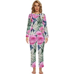 Delightful Watercolor Flowers And Foliage Womens  Long Sleeve Lightweight Pajamas Set by GardenOfOphir