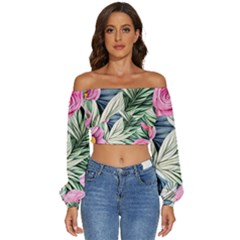 Delightful Watercolor Flowers And Foliage Long Sleeve Crinkled Weave Crop Top by GardenOfOphir