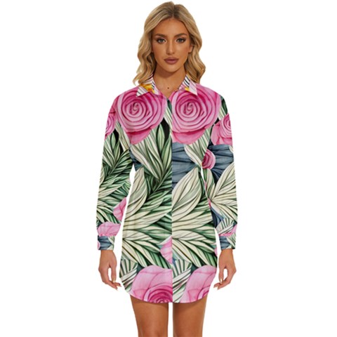 Delightful Watercolor Flowers And Foliage Womens Long Sleeve Shirt Dress by GardenOfOphir