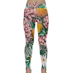 Coral Watercolor Flowers Botanical Foliage Classic Yoga Leggings by GardenOfOphir