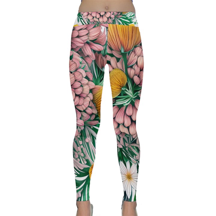 Coral Watercolor Flowers Botanical Foliage Classic Yoga Leggings