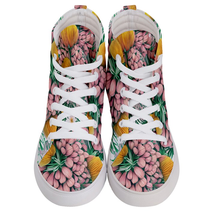 Coral Watercolor Flowers Botanical Foliage Women s Hi-Top Skate Sneakers