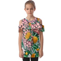 Coral Watercolor Flowers Botanical Foliage Fold Over Open Sleeve Top