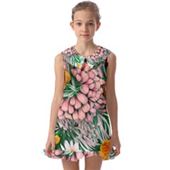 Coral Watercolor Flowers Botanical Foliage Kids  Pilgrim Collar Ruffle Hem Dress