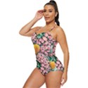 Coral Watercolor Flowers Botanical Foliage Retro Full Coverage Swimsuit View2