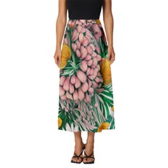 Coral Watercolor Flowers Botanical Foliage Classic Midi Chiffon Skirt