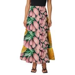 Coral Watercolor Flowers Botanical Foliage Tiered Ruffle Maxi Skirt