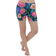 Cute Watercolor Flowers And Foliage Lightweight Velour Yoga Shorts by GardenOfOphir