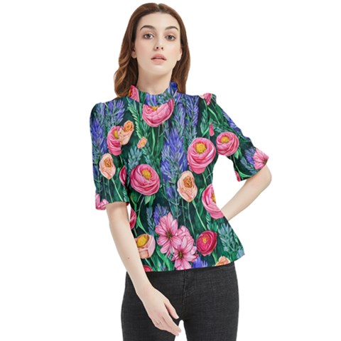 Cute Watercolor Flowers And Foliage Frill Neck Blouse by GardenOfOphir