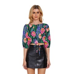 Cute Watercolor Flowers And Foliage Mid Sleeve Drawstring Hem Top