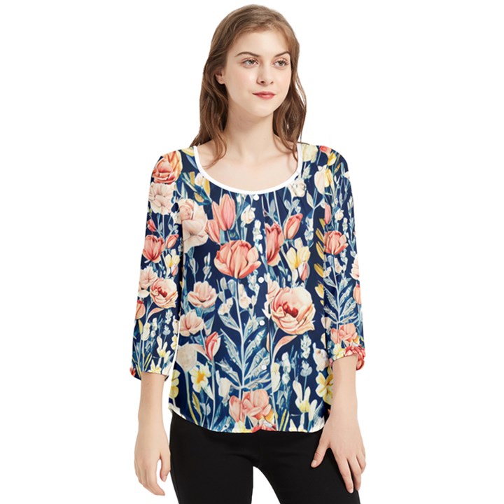 Exquisite Watercolor Flowers And Foliage Chiffon Quarter Sleeve Blouse