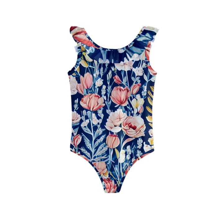 Exquisite Watercolor Flowers And Foliage Kids  Frill Swimsuit