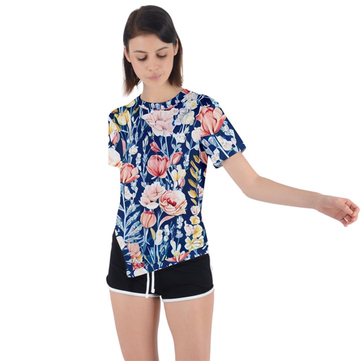 Exquisite Watercolor Flowers And Foliage Asymmetrical Short Sleeve Sports Tee