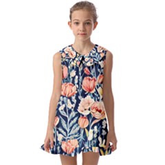 Exquisite Watercolor Flowers And Foliage Kids  Pilgrim Collar Ruffle Hem Dress