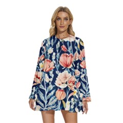 Exquisite Watercolor Flowers And Foliage Round Neck Long Sleeve Bohemian Style Chiffon Mini Dress