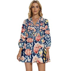 Exquisite Watercolor Flowers And Foliage V-neck Placket Mini Dress