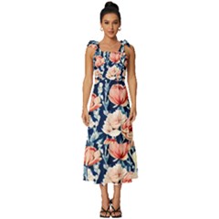 Exquisite Watercolor Flowers And Foliage Tie-strap Tiered Midi Chiffon Dress