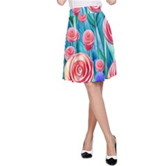 Brilliantly Hued Watercolor Flowers In A Botanical A-line Skirt by GardenOfOphir