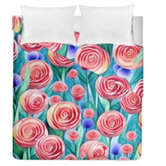 Brilliantly Hued Watercolor Flowers In A Botanical Duvet Cover Double Side (queen Size) by GardenOfOphir