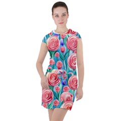 Brilliantly Hued Watercolor Flowers In A Botanical Drawstring Hooded Dress by GardenOfOphir