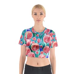 Brilliantly Hued Watercolor Flowers In A Botanical Cotton Crop Top by GardenOfOphir