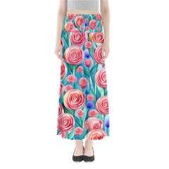 Brilliantly Hued Watercolor Flowers In A Botanical Full Length Maxi Skirt by GardenOfOphir