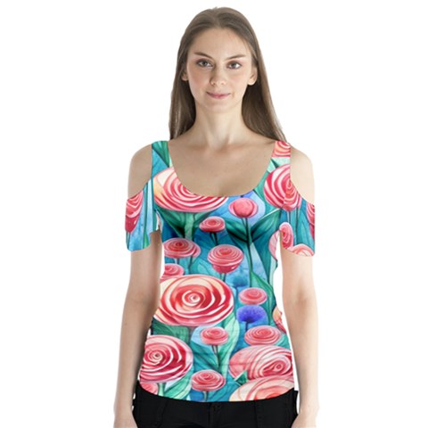 Brilliantly Hued Watercolor Flowers In A Botanical Butterfly Sleeve Cutout Tee  by GardenOfOphir