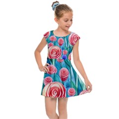 Brilliantly Hued Watercolor Flowers In A Botanical Kids  Cap Sleeve Dress by GardenOfOphir