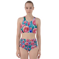 Brilliantly Hued Watercolor Flowers In A Botanical Racer Back Bikini Set by GardenOfOphir