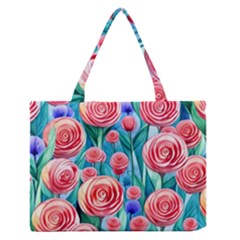 Brilliantly Hued Watercolor Flowers In A Botanical Zipper Medium Tote Bag by GardenOfOphir