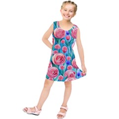 Brilliantly Hued Watercolor Flowers In A Botanical Kids  Tunic Dress by GardenOfOphir