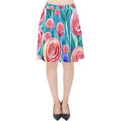 Brilliantly Hued Watercolor Flowers In A Botanical Velvet High Waist Skirt by GardenOfOphir