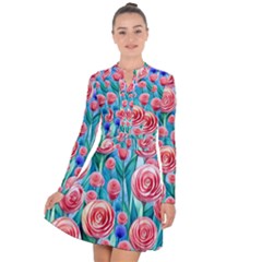 Brilliantly Hued Watercolor Flowers In A Botanical Long Sleeve Panel Dress by GardenOfOphir