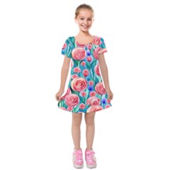 Brilliantly Hued Watercolor Flowers In A Botanical Kids  Short Sleeve Velvet Dress by GardenOfOphir