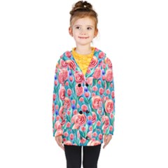 Brilliantly Hued Watercolor Flowers In A Botanical Kids  Double Breasted Button Coat by GardenOfOphir