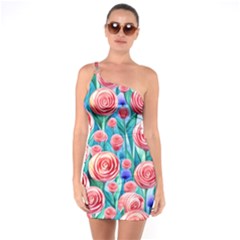 Brilliantly Hued Watercolor Flowers In A Botanical One Soulder Bodycon Dress by GardenOfOphir