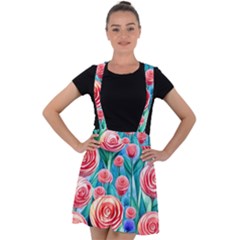 Brilliantly Hued Watercolor Flowers In A Botanical Velvet Suspender Skater Skirt by GardenOfOphir