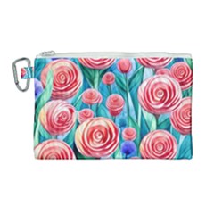 Brilliantly Hued Watercolor Flowers In A Botanical Canvas Cosmetic Bag (large) by GardenOfOphir