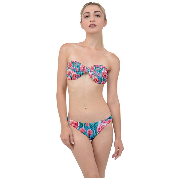 Brilliantly Hued Watercolor Flowers In A Botanical Classic Bandeau Bikini Set