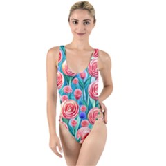 Brilliantly Hued Watercolor Flowers In A Botanical High Leg Strappy Swimsuit by GardenOfOphir