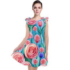 Brilliantly Hued Watercolor Flowers In A Botanical Tie Up Tunic Dress by GardenOfOphir