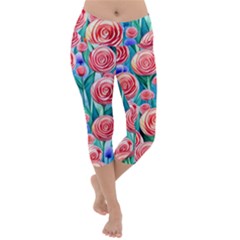 Brilliantly Hued Watercolor Flowers In A Botanical Lightweight Velour Capri Yoga Leggings by GardenOfOphir