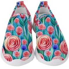 Brilliantly Hued Watercolor Flowers In A Botanical Kids  Slip On Sneakers by GardenOfOphir