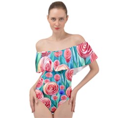 Brilliantly Hued Watercolor Flowers In A Botanical Off Shoulder Velour Bodysuit  by GardenOfOphir